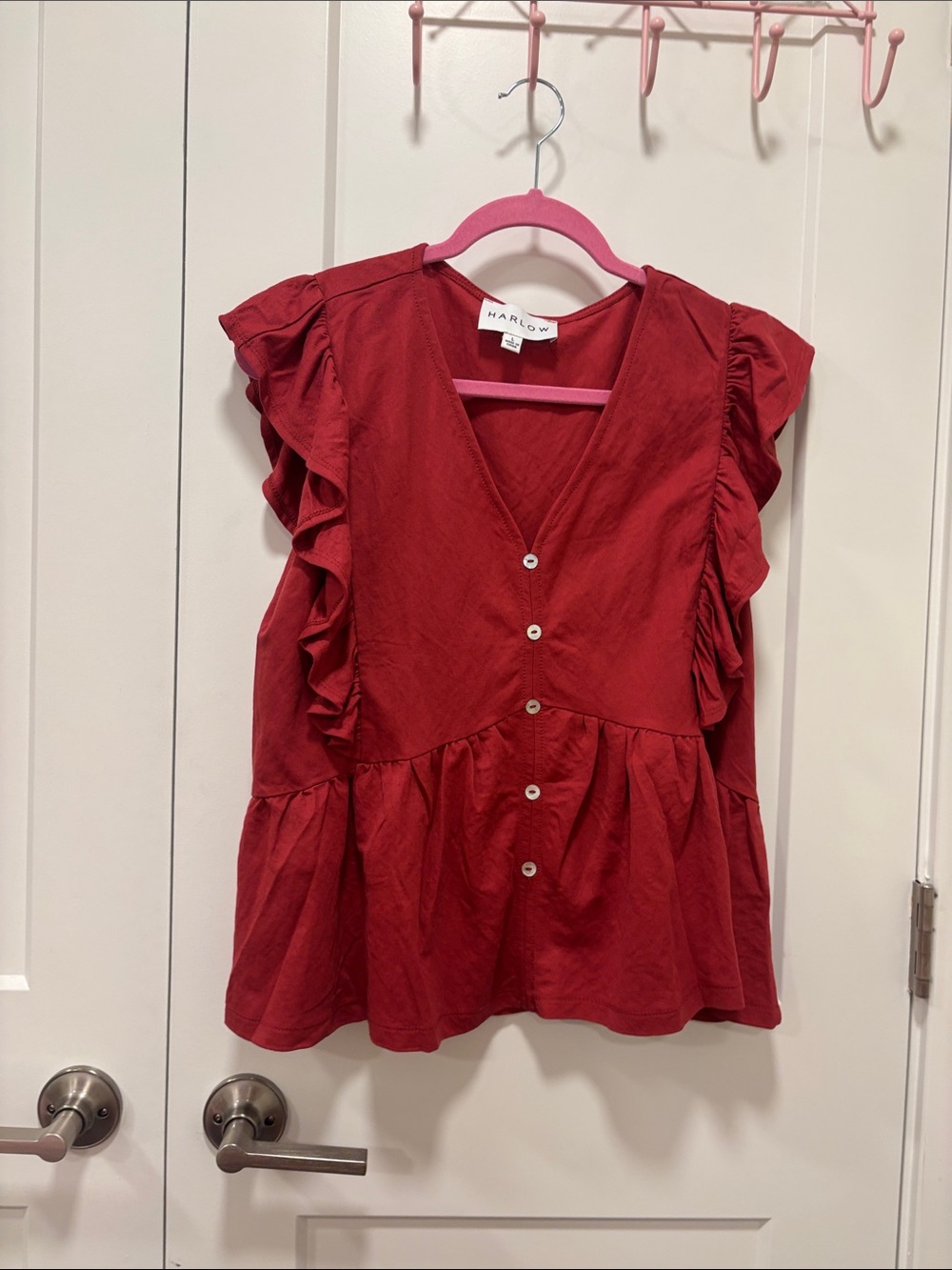 Harlow Crimson Ruffle-Sleeve Button Front Blouse